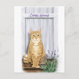 Postal Naranja Tabby Cat en la puerta con flores de lavan