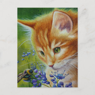 Postal Naranja Tabby Kitten & Bumblebee Watercolor Art