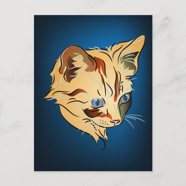 Postal Naranja Tabby Kitten con ojos azules en azul (Anverso)