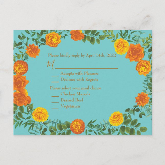 Postal Naranja y Aqua Boda Floral Moderna (Anverso)