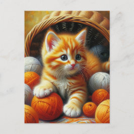 Postal Naranja y gatito blanco jugando en yarn