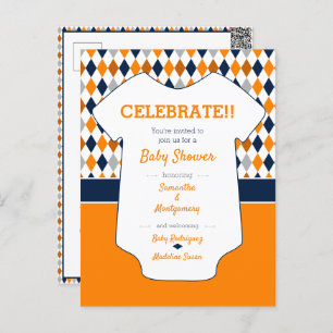 Postal Naranja y Navy Blue Argyle Pattern Baby Shower