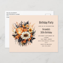Postal Naranja Yellow Gray Flower Bouquet Birday Party