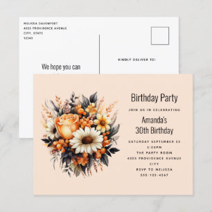 Postal Naranja Yellow Gray Flower Bouquet Birday Party