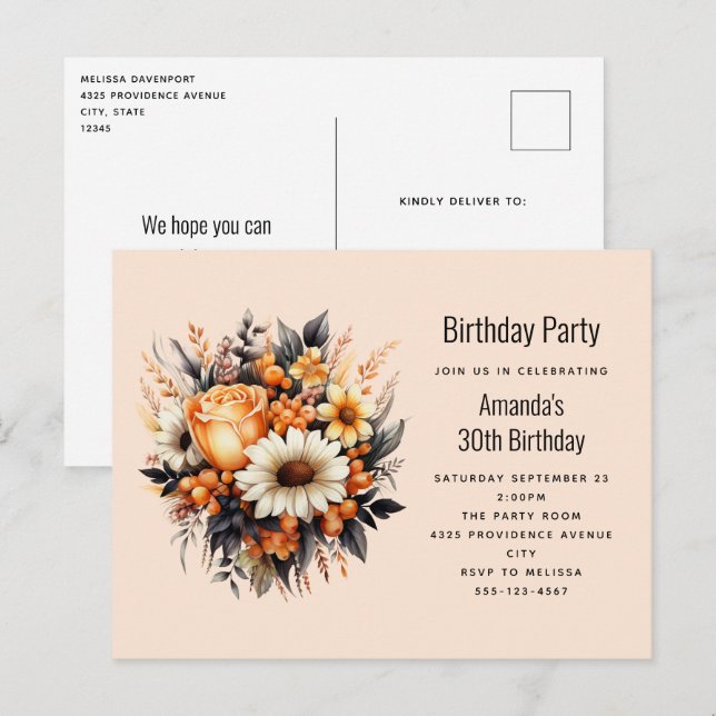 Postal Naranja Yellow Gray Flower Bouquet Birday Party (Anverso / Reverso)