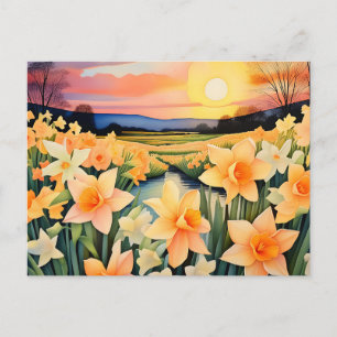 Postal Narcisos Dorados Al Atardecer En Una Pradera Tranq