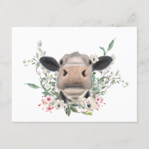 Postal nariz de vaca besa flores acuarela gris animal de