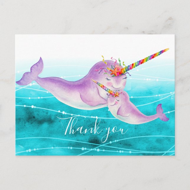Postal Narwhal abrazo virtual arco iris gracias (Anverso)