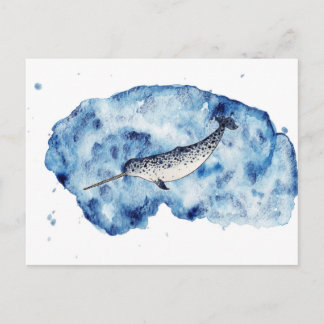 Postal Narwhal en un chapoteo del watercolour