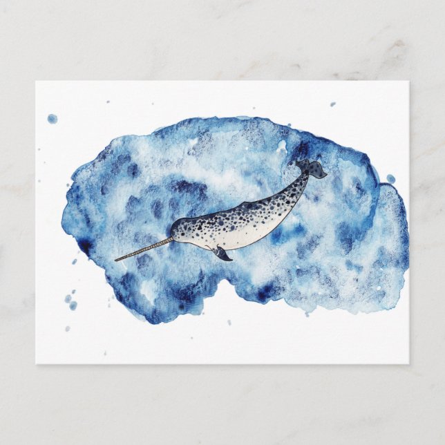 Postal Narwhal en un chapoteo del watercolour (Anverso)