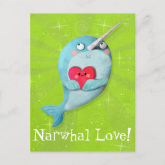 Postal Narwhal lindo con corazón