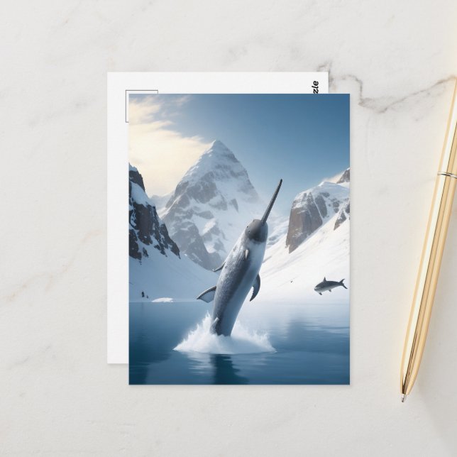 Postal Narwhal saltando del lago (Anverso/Reverso In Situ)