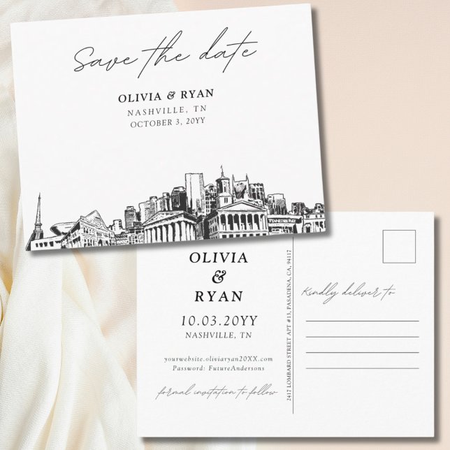 Postal Nashville Guardar la cita de la elegante boda de p (Nashville Save the Date Postcard Elegant Wedding)