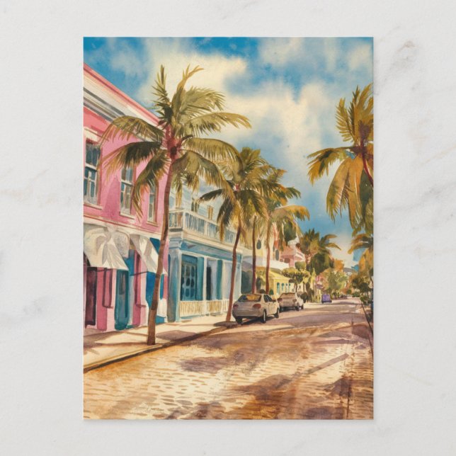 Postal Nassau Bahamas acuarela arte de viajes por la call (Anverso)
