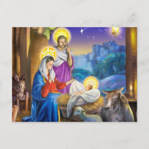 Postal Natividad de Jesús con Josef y María, vacas, donky