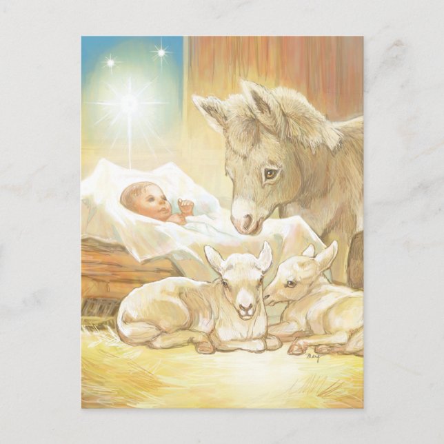 Postal Natividad de Jesús del bebé con los corderos y el (Anverso)