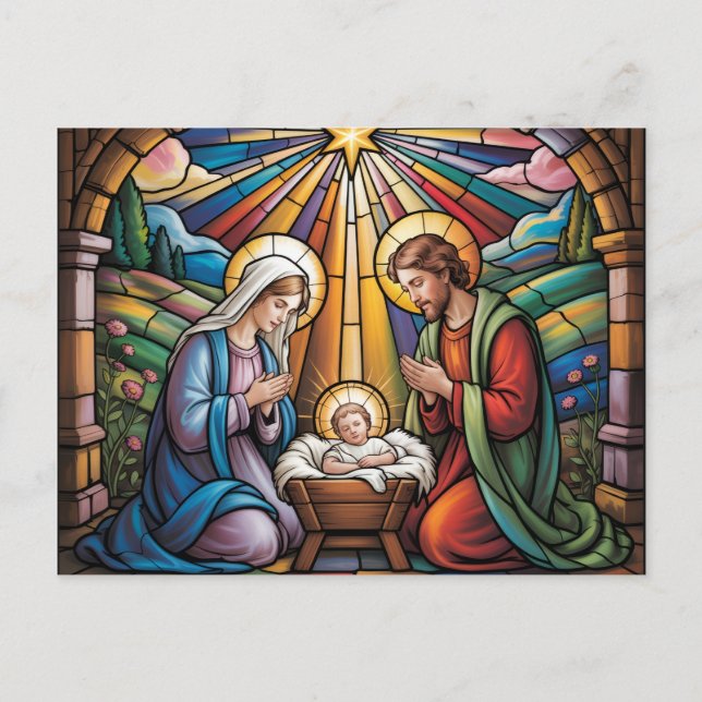 Postal Nativity Stained Glass Art – Holy Family Christmas (Anverso)