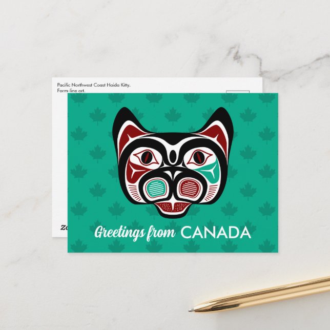 Postal Nativo americano Red Black Haida Art Kitty (Anverso/Reverso In Situ)