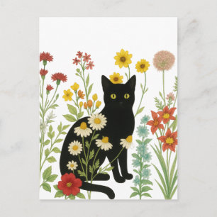 Postal Naturaleza Botánica – Gato Negro en Jardín de Flor