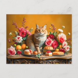 Postal Naturaleza muerta clásica con gato y abundancia de