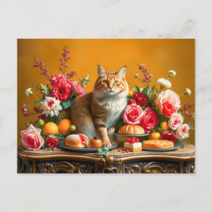 Postal Naturaleza muerta clásica con gato y abundancia de