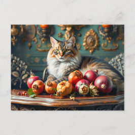 Postal Naturaleza muerta clásica con gato y frutas