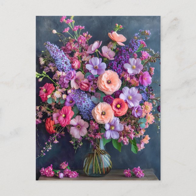 Postal Naturaleza muerta con Delphiniums y Ranunculus (Anverso)