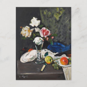 Postal Naturaleza muerta con frutas y rosas   George Lesl