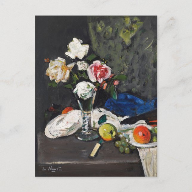 Postal Naturaleza muerta con frutas y rosas | George Lesl (Anverso)