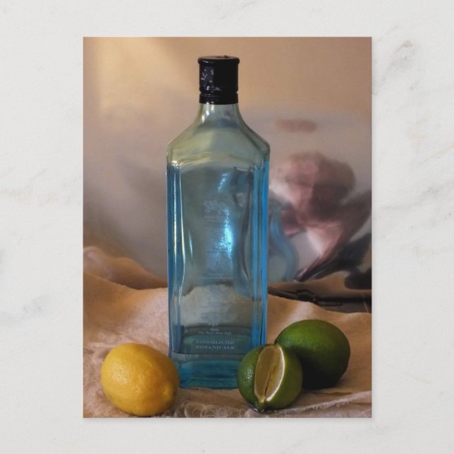 Postal Naturaleza muerta de "Verano" con botella y cítric (Anverso)