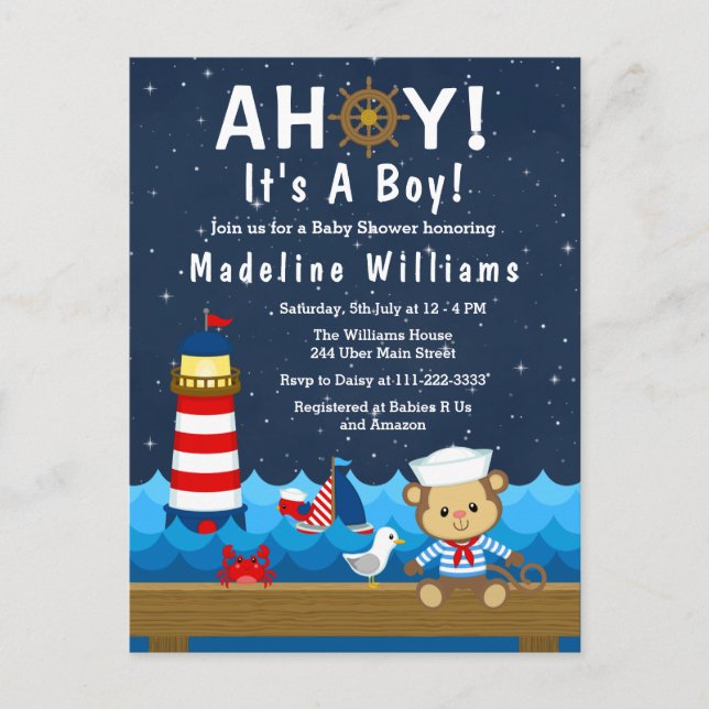Postal Nautical Boy Monkey Red y Baby Shower de la Marina (Anverso)