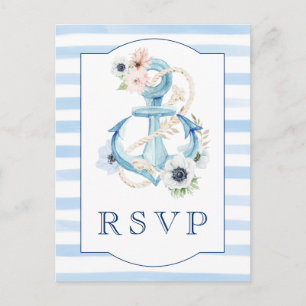 Postal Nautical Floral Blue Stripes Beach Wedding RSVP