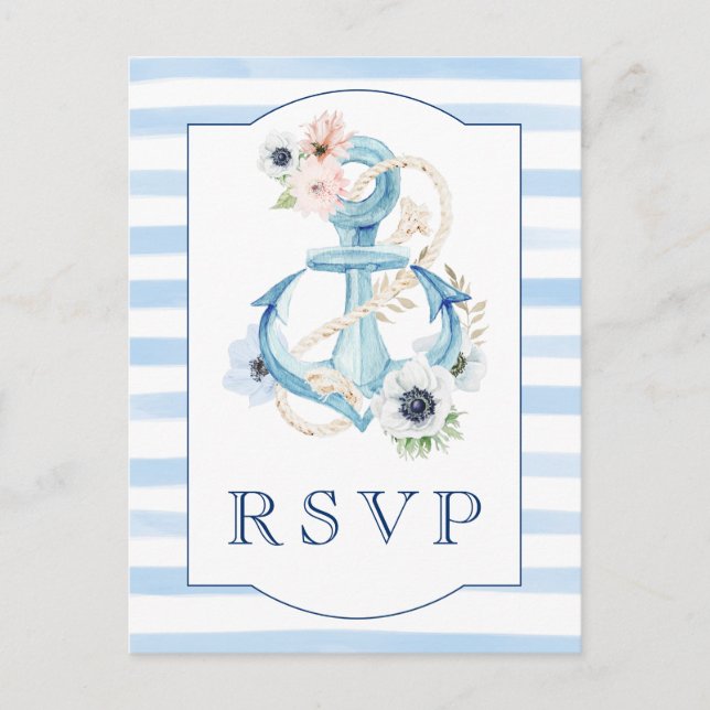 Postal Nautical Floral Blue Stripes Beach Wedding RSVP (Anverso)