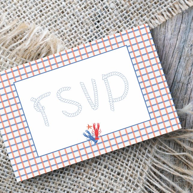 Postal Nautical Lobster Red, Blue Wedding RSVP (Subido por el creador)