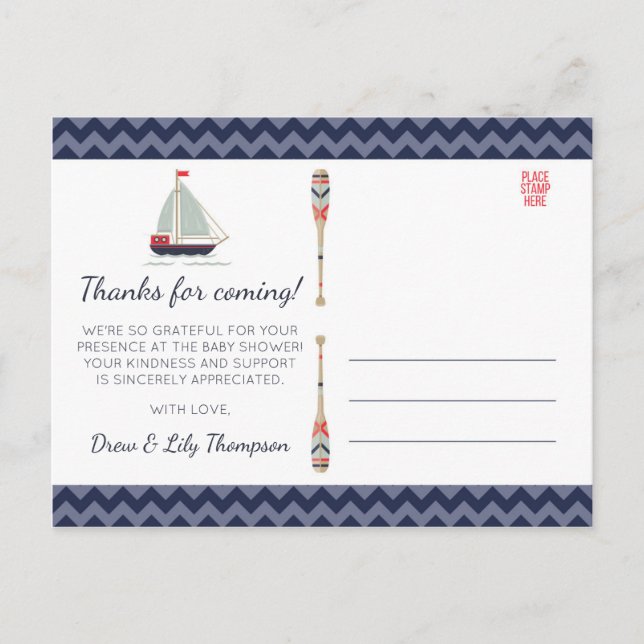 Postal Nautical Sailboat Ahoy Baby Boy Shower Gracias (Anverso)