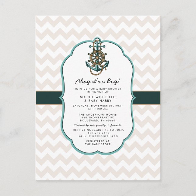 Postal Nautical Sailor Ahoy es un niño Baby Shower (Anverso)