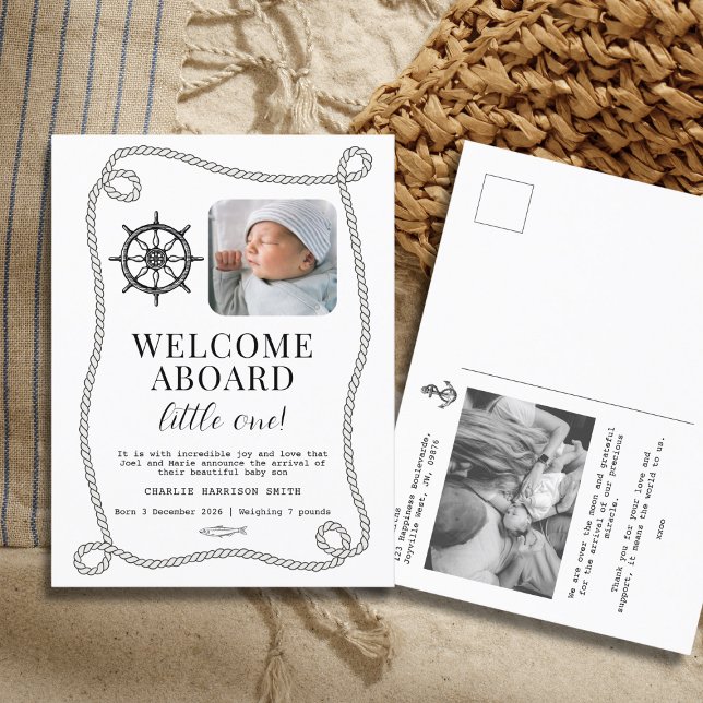 Postal Nautical themical Baby Birth Anunciation Postcard (Newborn Baby Birth Announcement Postcard with cute nautical elements)