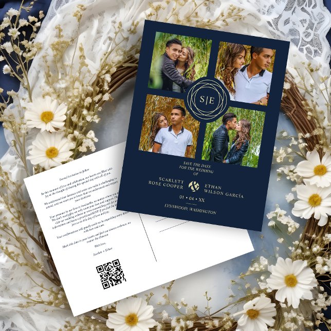 Postal Navi Blue & Gold Minimal Initials Simple 4 Photos (Navy Blue & Faux Gold Minimal Initials Wedding Fancy 4 Multi Photos Collage Save the Date Postcard.)