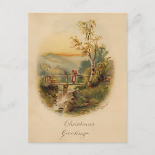 Postal Navidad Acuarela Vintage   Abedul y Puente
