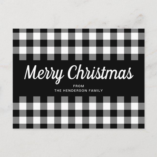 Postal Navidad Alegre Cuadros de Gingham Negro Blanco Rús (Anverso)