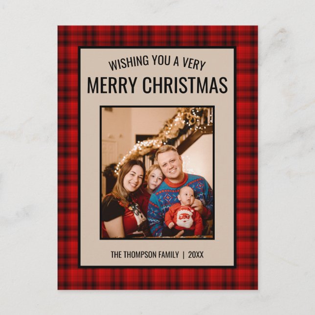 Postal Navidad Alegre Foto Plaid Rojizo Rústico (Anverso)