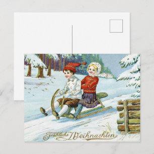 Postal Navidad alemana vintage niños deslizándose en trin