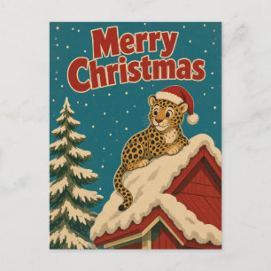 Postal Navidad Animal Techo Nieve Leopardo