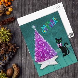 Postal Navidad Árbol Rosa Plateado Atómico Gato Negro Tea