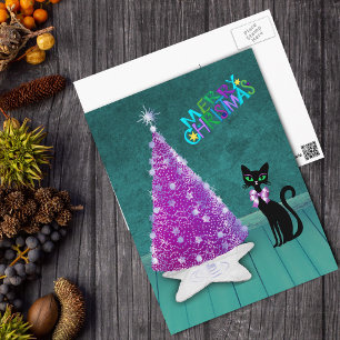 Postal Navidad Árbol Rosa Plateado Atómico Gato Negro Tea