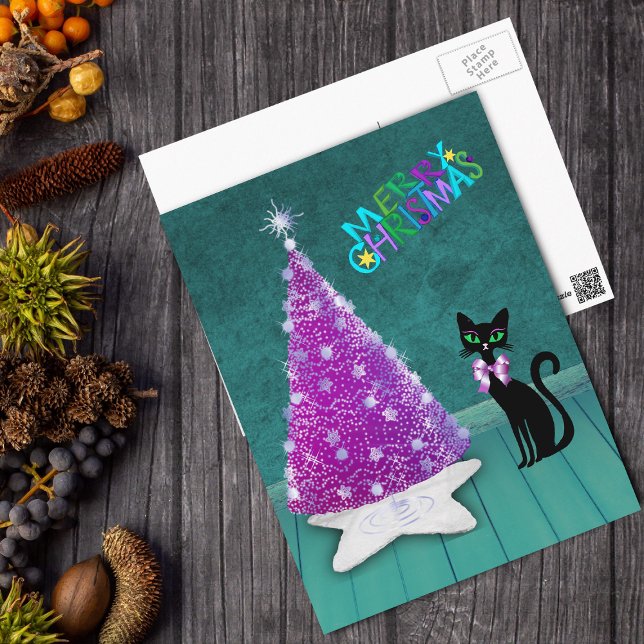 Postal Navidad Árbol Rosa Plateado Atómico Gato Negro Tea (Sparkle silver pink tree on star rug, black atomic cat in teal room on Merry Christmas postcard.)