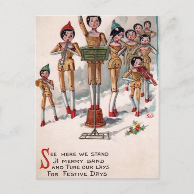 Postal Navidad Banda de Muñecas de Madera Victoriana Vint (Anverso)