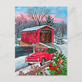 Postal Navidad Camioneta Roja Acuarela Rústica