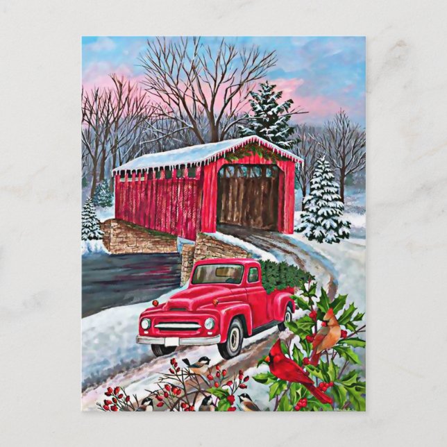 Postal Navidad Camioneta Roja Acuarela Rústica (Anverso)
