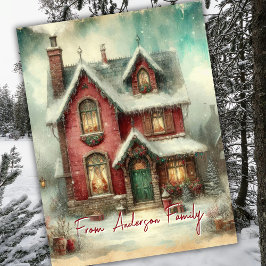 Postal Navidad Casa Nieve Invierno Vintage Retro Fiestas
